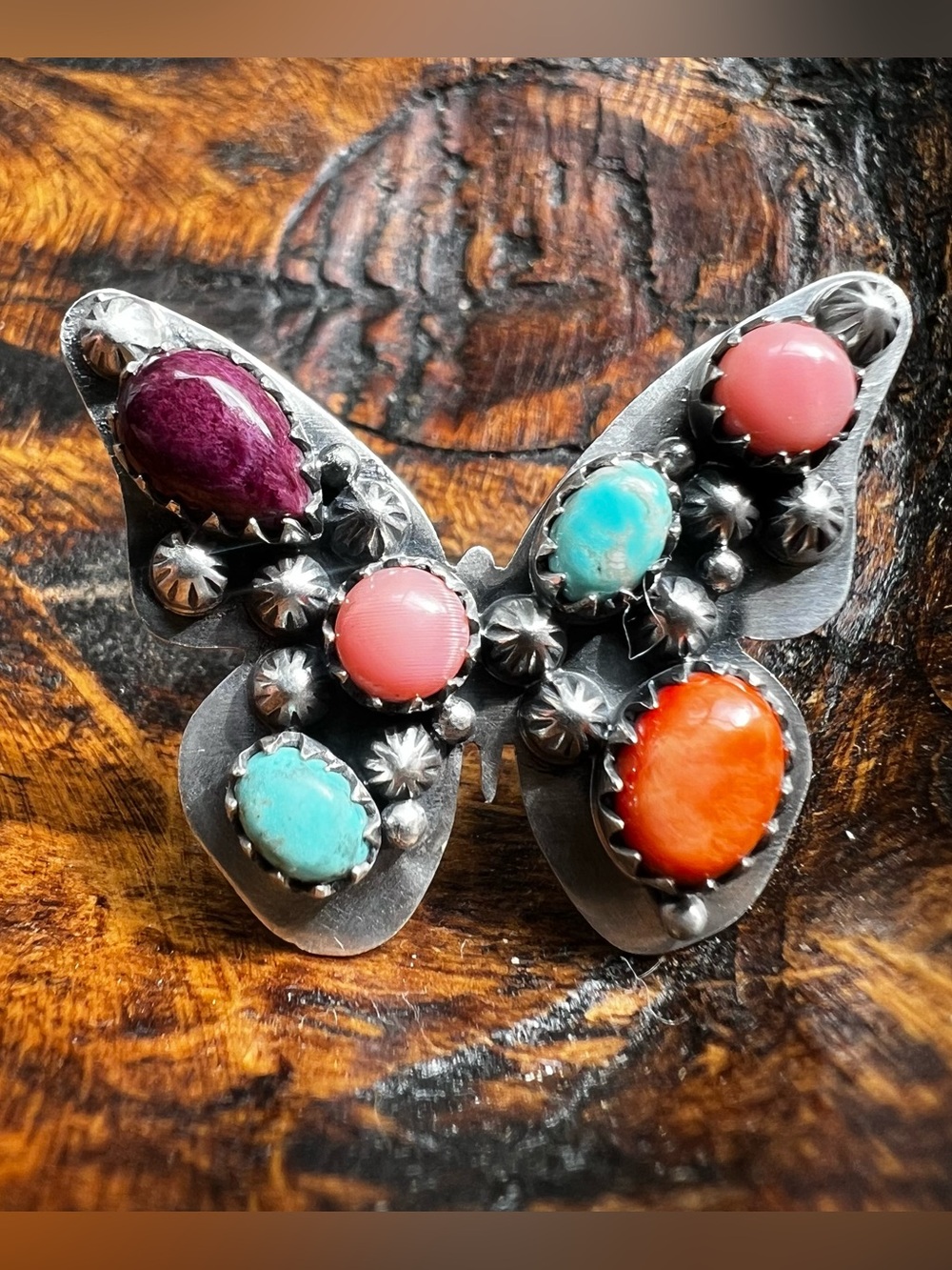 Sterling Silver Multi Stone Butterfly Ring Turquoise Conch Spiny Adjustable